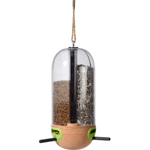 Dobar Futtersäule Pickbar mit 3 Kammern, gefüllt mit Vogelfutter, aus Kork und Acrylglas.