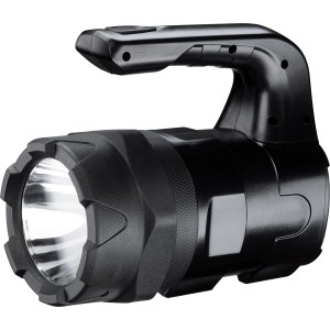 Schwarze Varta LED-Taschenlampe Indestructible BL20 Pro mit Griff und Batterien.