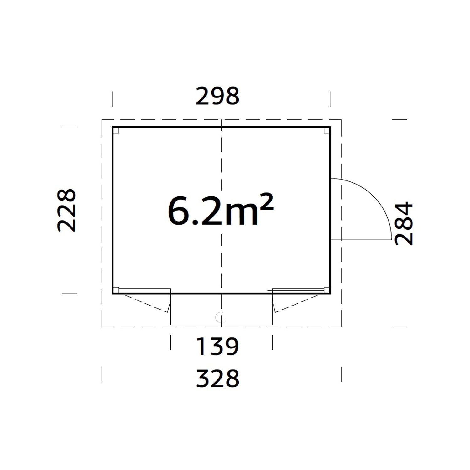 Grundriss Palmako Marktstand Marian, 298x228 cm, klappbar, weiß lackiert, mit Maßangaben.