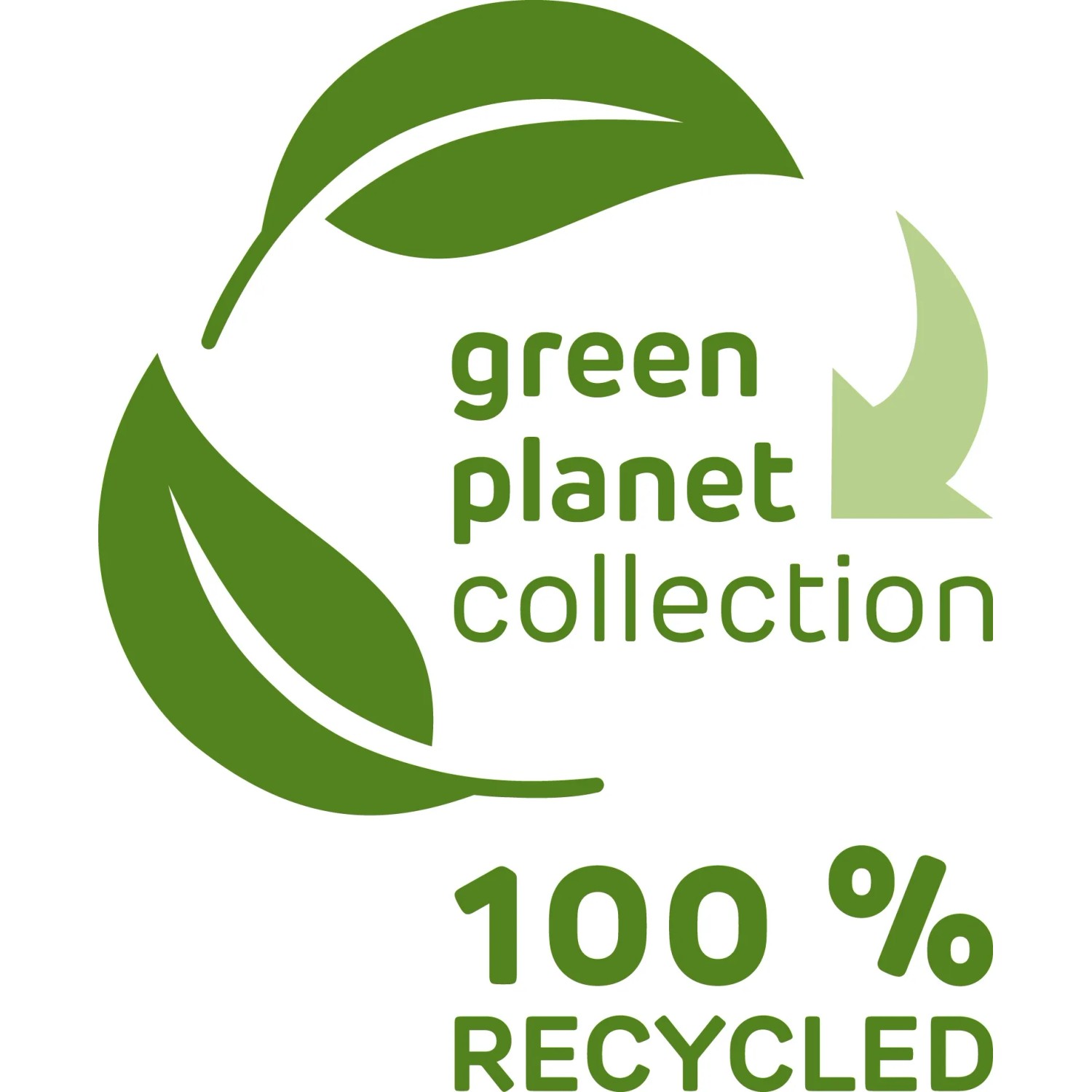 Grafik mit zwei Blättern, einem Pfeil und dem Text "green planet collection" und "100% RECYCLED".