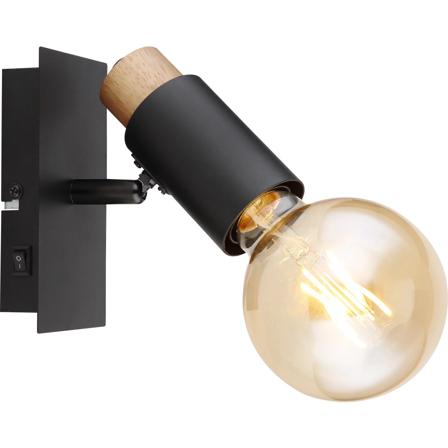 Schwarzer Globo Strahler Matti mit Holzdetails, 1-flammig, für E27 Leuchtmittel. Moderner Spot für Wandmontage.