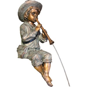 Granimex Wasserspeier Flötenspieler aus Polyresin in Bronzeoptik, 66cm hoch.