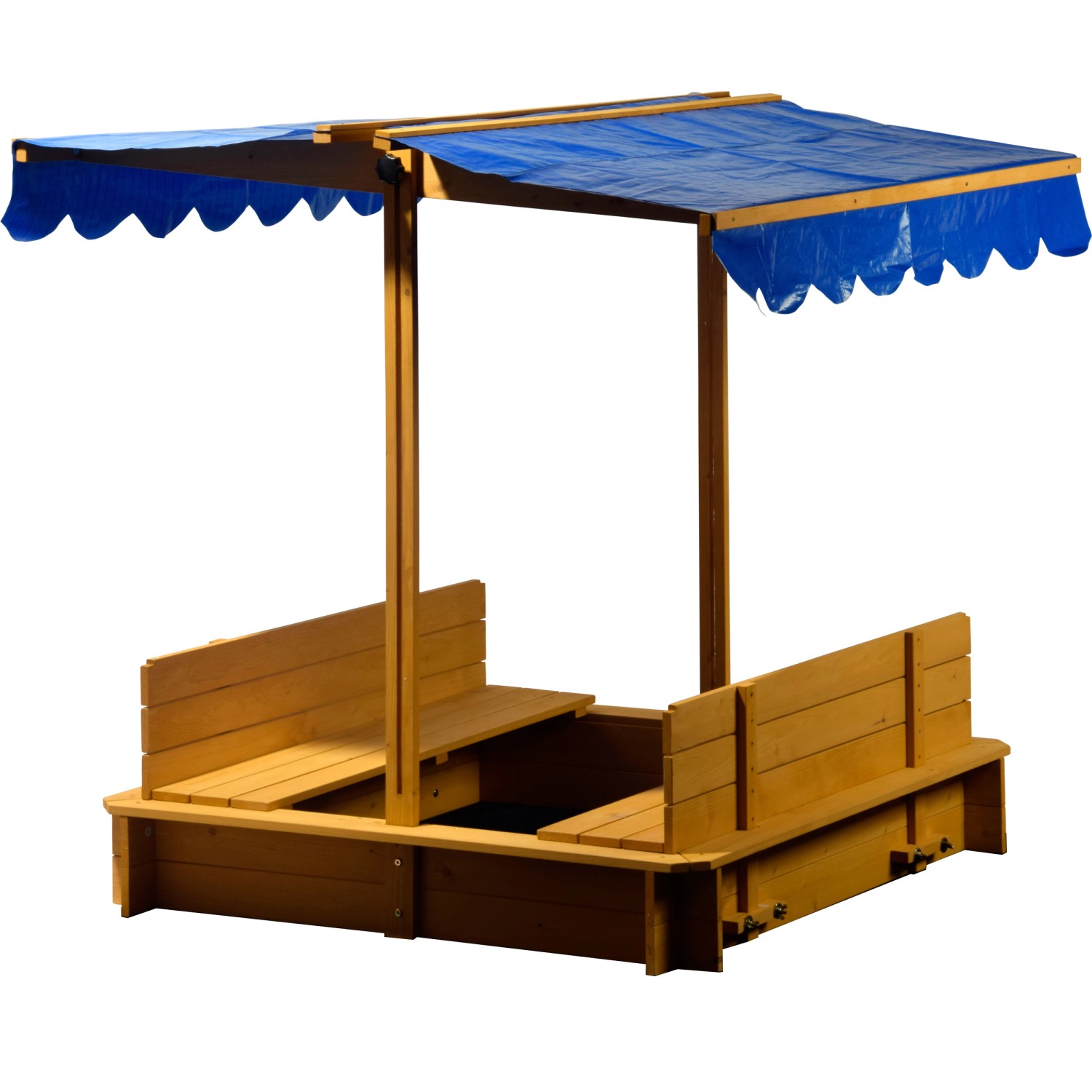Dobar Sandkasten mit Dach, aus Holz mit blauem Sonnenschutz, 112x112x112 cm.