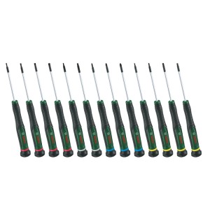 DIY Präzisions-Schraubendreher-Set mit 12 Schraubendrehern, schwarzen Griffen, farbigen Kappen und verschiedenen Spitzen für Reparaturen.