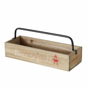 Braunes Boltze BBQ Tablett aus Holz mit Metallgriff und Grill-Motiv, 15,5x15,5x41cm.