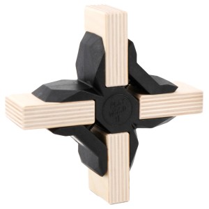 Schwarzer Playwood Kreuzverbinder X mit vier Holzplatten verbunden.