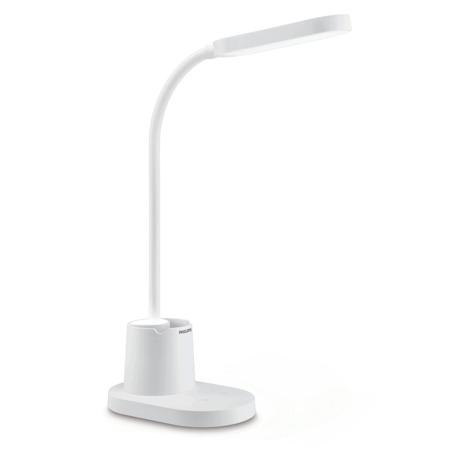 Weiße Philips LED-Tischleuchte Bucket mit Stifthalter und Akku für den Schreibtisch.