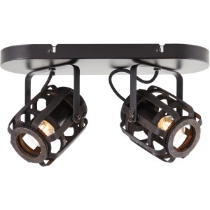 Schwarzer 2-flammiger Deckenstrahler Woodrow mit offenem Lampenschirm-Design für Lichteffekte.