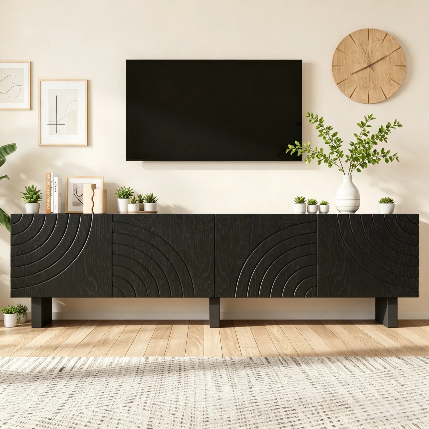 okwish TV-Bank Mit Struktur 4 Türen Wohnzimmer 180x40x55cm Schwarz_4