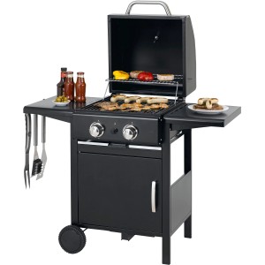 Schwarzer tepro Gasgrill Bloomfield mit Grillgut, Seitenablagen und Wagenunterschrank.