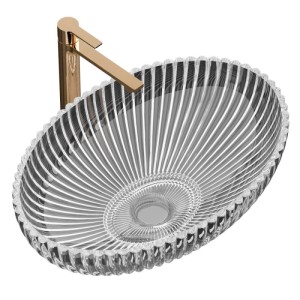 Emke ovales Klarglas Aufsatzwaschbecken mit geriffelter Struktur. Eleganter Waschtisch für moderne Bäder.