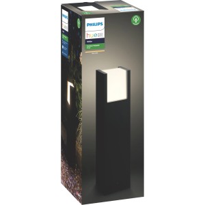 Verpackung der Philips Hue White Fuzo LED-Sockelleuchte für den Außenbereich, schwarzes Gehäuse.