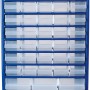 Blaues LUX-TOOLS Stahlmagazin mit 44 transparenten Kunststoffschubladen in verschiedenen Größen zur Kleinteile-Organisation.