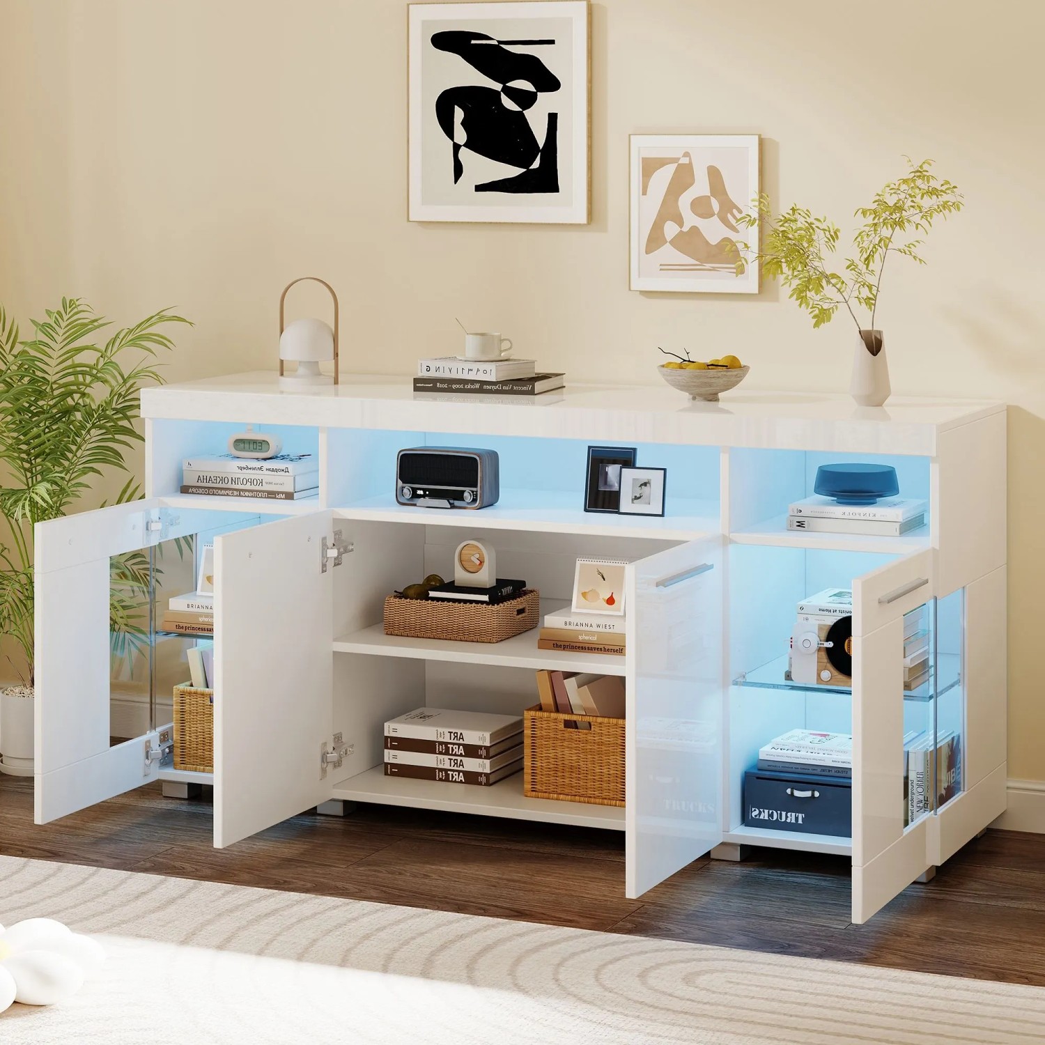 okwish Sideboard mit LED Hochglanz Glasfächer Wohnzimmer 140x40x70 cm Weiß_4