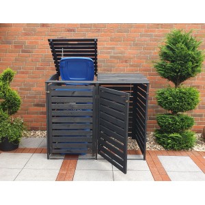Anthrazitfarbene Mülltonnenbox Vario III aus Holz für zwei Mülltonnen bis 240 l.