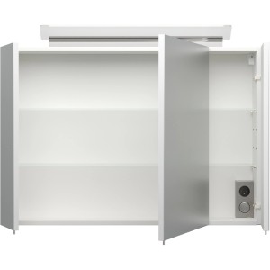 Posseik Spiegelschrank, 90 cm breit, weiße Front, teilweise geöffnete Türen mit Softclose.