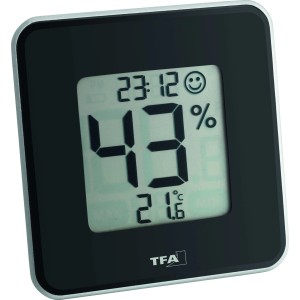 Digitales Thermo-Hygrometer Style von TFA in Schwarz zeigt Temperatur und Luftfeuchtigkeit.