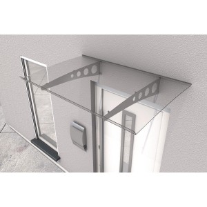 Modernes Gutta Pultvordach Pico Top 140, verzinkt und klar, 140x90x6 cm, über einer Haustür.