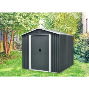 Pergart Metall-Gerätehaus Dresden, grau-creme, 3,66 m² im Garten. Gerätehäuser für Gartengeräte und Werkzeug.