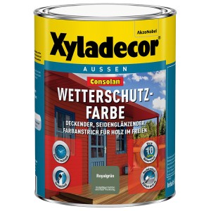 Dose Xyladecor Wetterschutzfarbe Consolan Royalgrün, seidenglänzend für Holz im Außenbereich.
