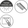 Piktogramme: Thermo-Verdunklung, Bürste, Zuschneiden mit Cutter für Gardinia Plissee Concept.