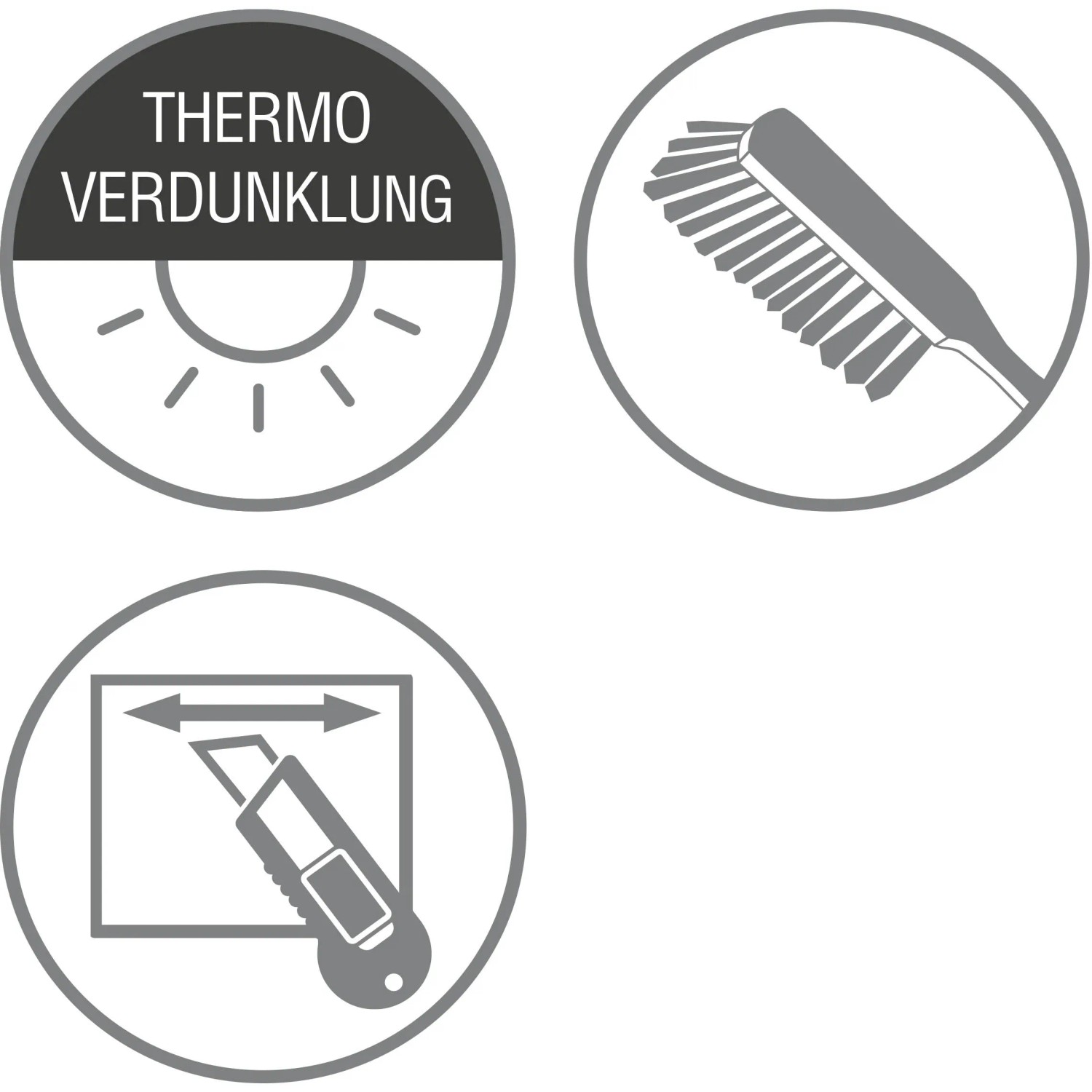 Piktogramme: Thermo-Verdunklung, Bürste, Zuschneiden mit Cutter für Gardinia Plissee Concept.