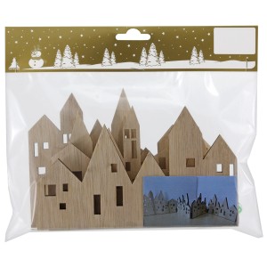 Aufklappbare Häuserreihe aus Holz, moderne Weihnachtsdekoration für Tisch oder Fenster.