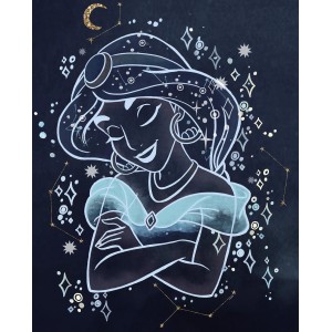 Wandbild Jasmin Dreaming, 40x50 cm, mit stilisierter Jasmin-Figur und Sternen auf dunklem Grund.