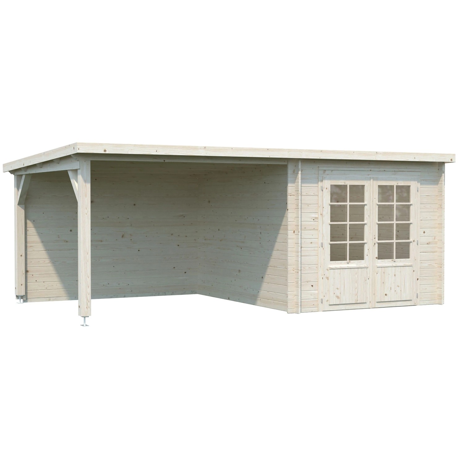 Unbehandeltes Palmako Holz-Gartenhaus Ella mit Flachdach und Anbau. Naturholz mit Doppeltür.