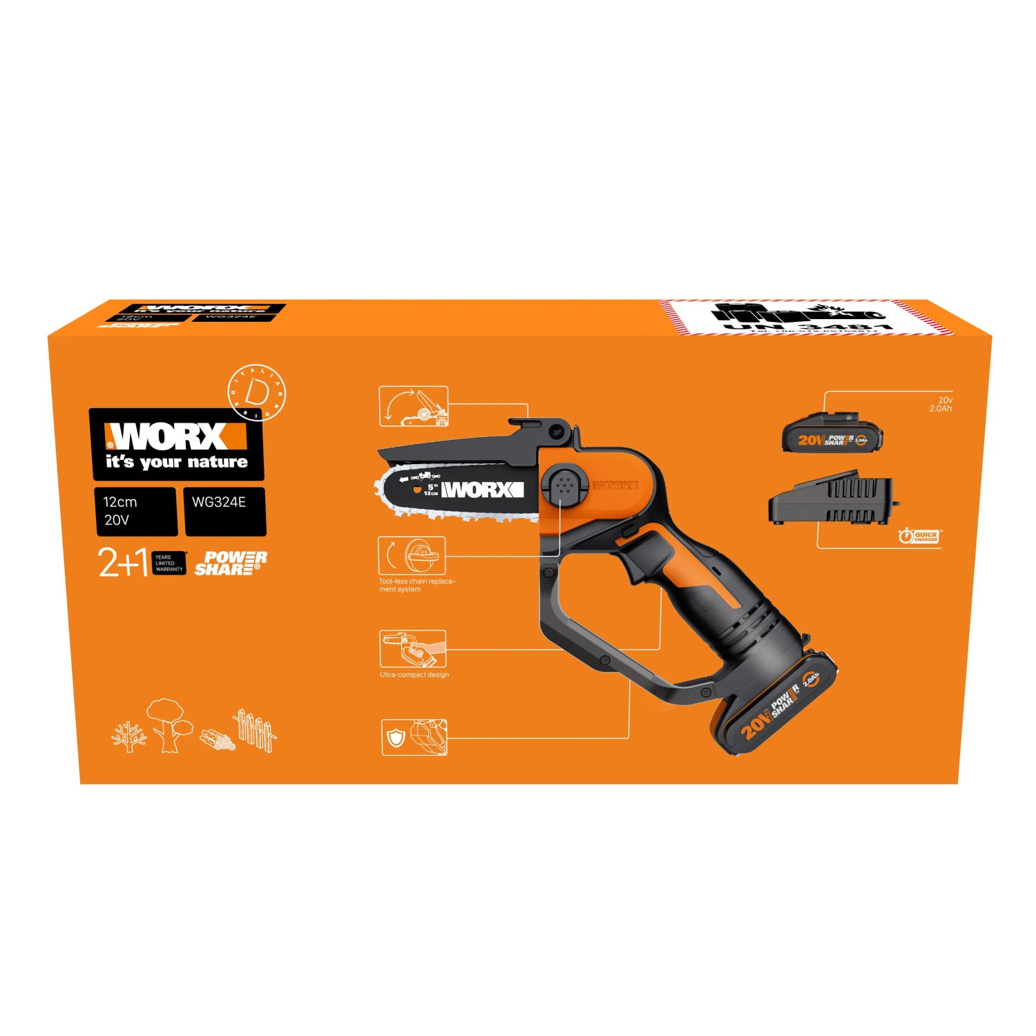 Worx Akku-Einhand Ast-Kettensäge WG324E 20V im Karton, ideal zum Astsägen.