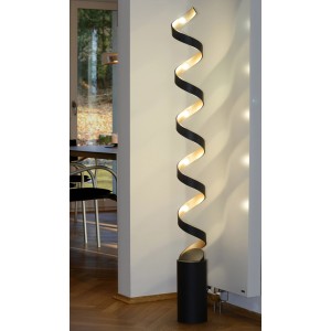 Moderne LED-Stehlampe Helix in Schwarz-Gold, spiralförmiges Design für Wohnraumbeleuchtung.