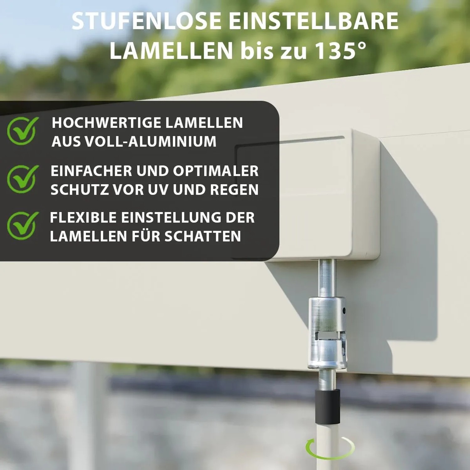 Nahaufnahme der verstellbaren Aluminium-Lamellen einer Weide Deluxe Plus Pergola in Elfenbein. Bietet UV- & Regenschutz, flexiblen Schatten.