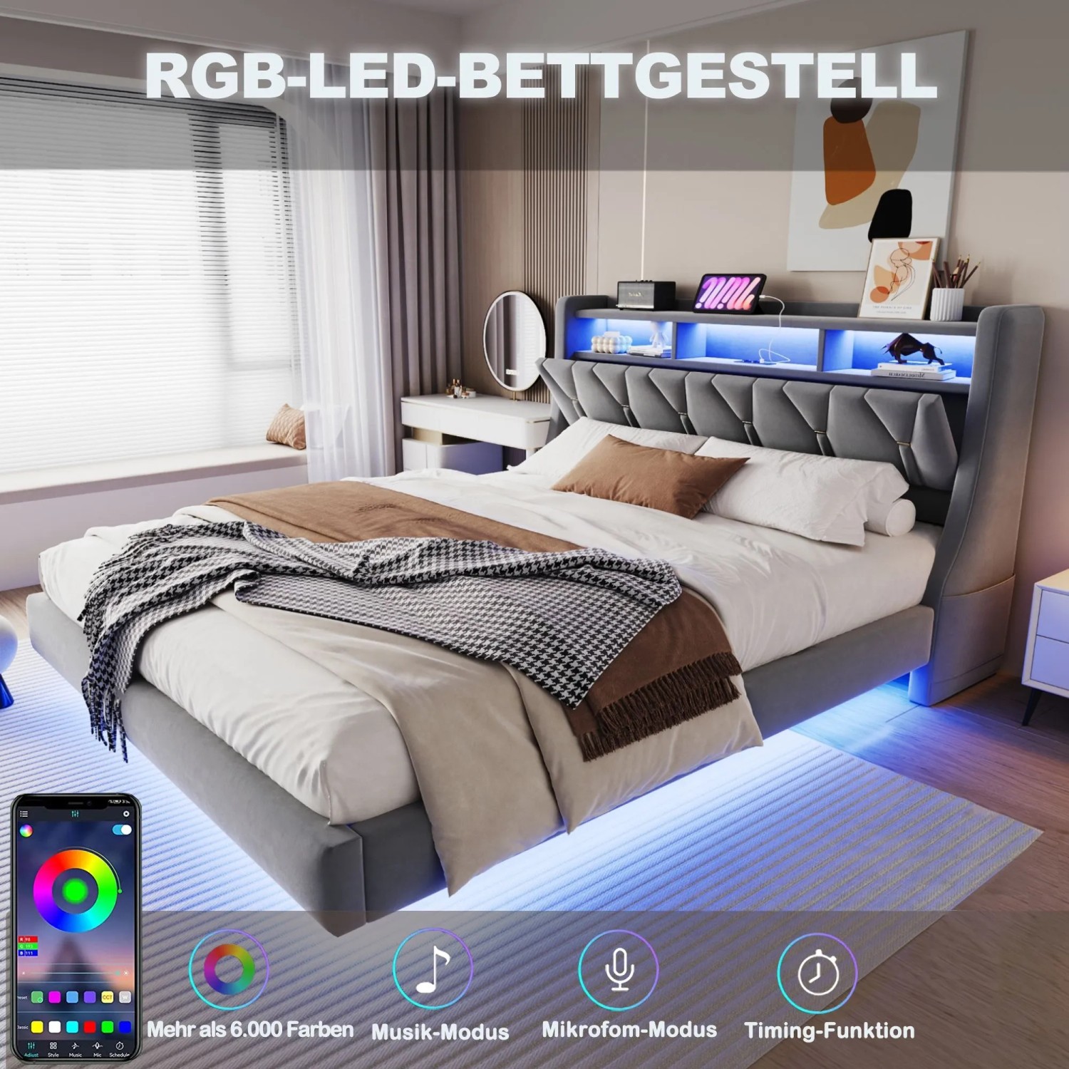 okwish Polsterbett 180x200cm mit LED Steckdose Ablage Schlafzimmer Grau ohne Matratze_7