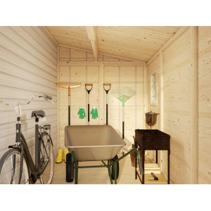Innenansicht Palmako Gerätehaus Mia (332x165cm) mit Gartengeräten, Fahrrad und Grill.