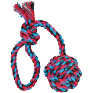 Jollypaw Spieltau mit Ball, 30 cm, aus Baumwolle, rot, blau, lila und schwarz.