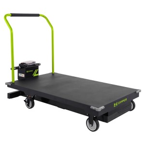 Grün-schwarzer Zipper Scherenhubwagen ZI-SHW200LIFT mit flacher, elektrischer Hubplattform.