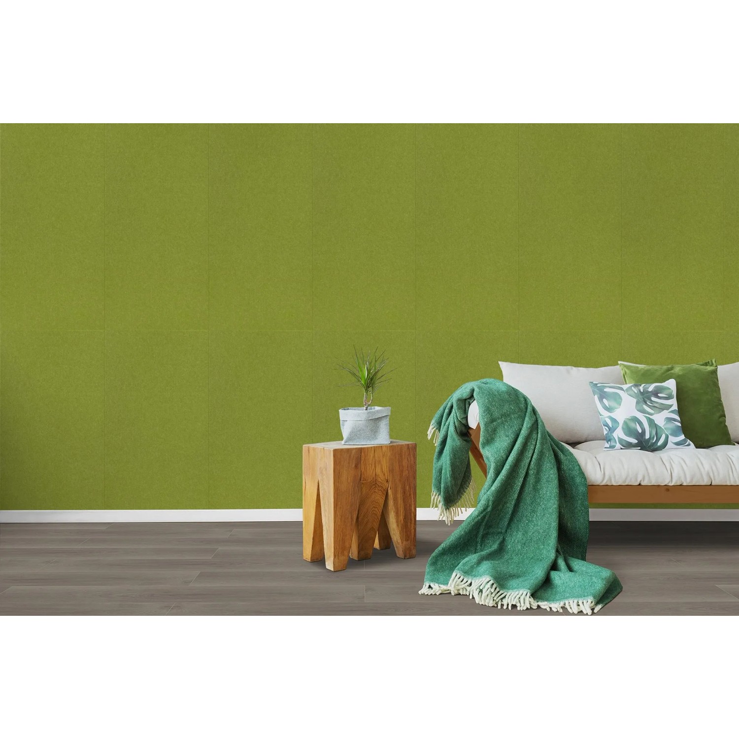 Limegrünes Jangal Modular Wall Dekor-Paneel aus Filz an Wand. Moderne Wandgestaltung für Wohnräume.