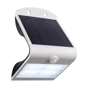 Weiße Eglo LED Solar-Wandleuchte Lamozzo, 21x14cm, mit Solarpanel und Bewegungsmelder.