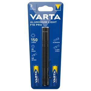 Varta Aluminium Light F10 Pro Taschenlampe im Blister mit Batterien.