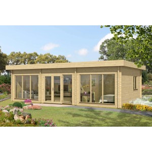 Helles Alpholz Gartenhaus Campus-70 mit Flachdach und bodentiefen Fenstern. Modernes Design für den Garten.