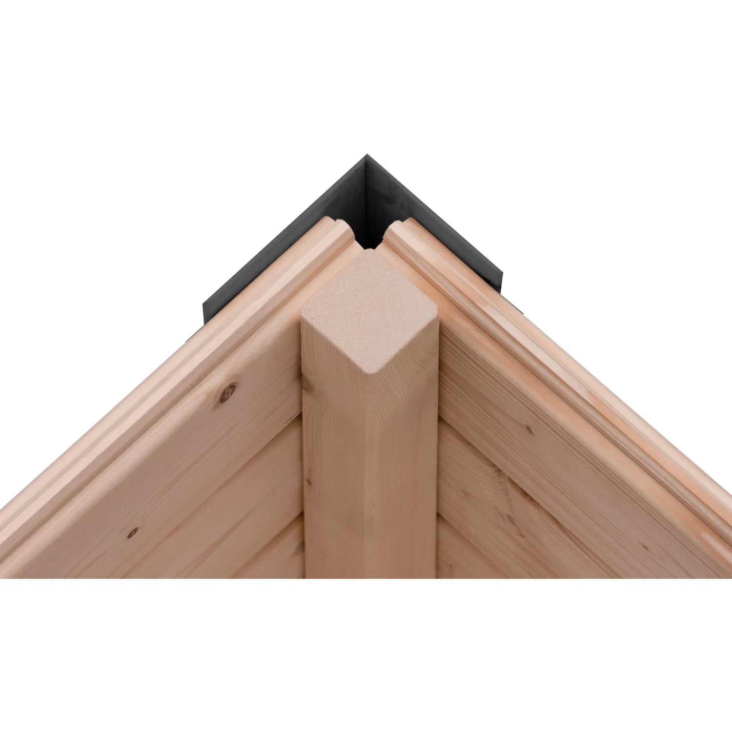 Detailaufnahme: Ecke Karibu Gartenhaus Ernesto, naturbelassenes Holz, anthrazitfarbene Stahlecke.
