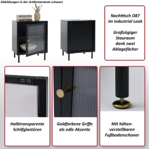 Schwarzer Nachttisch O87 im Industrial Look mit Schilfglas-Tür, goldfarbenem Griff und zwei Staufächern.