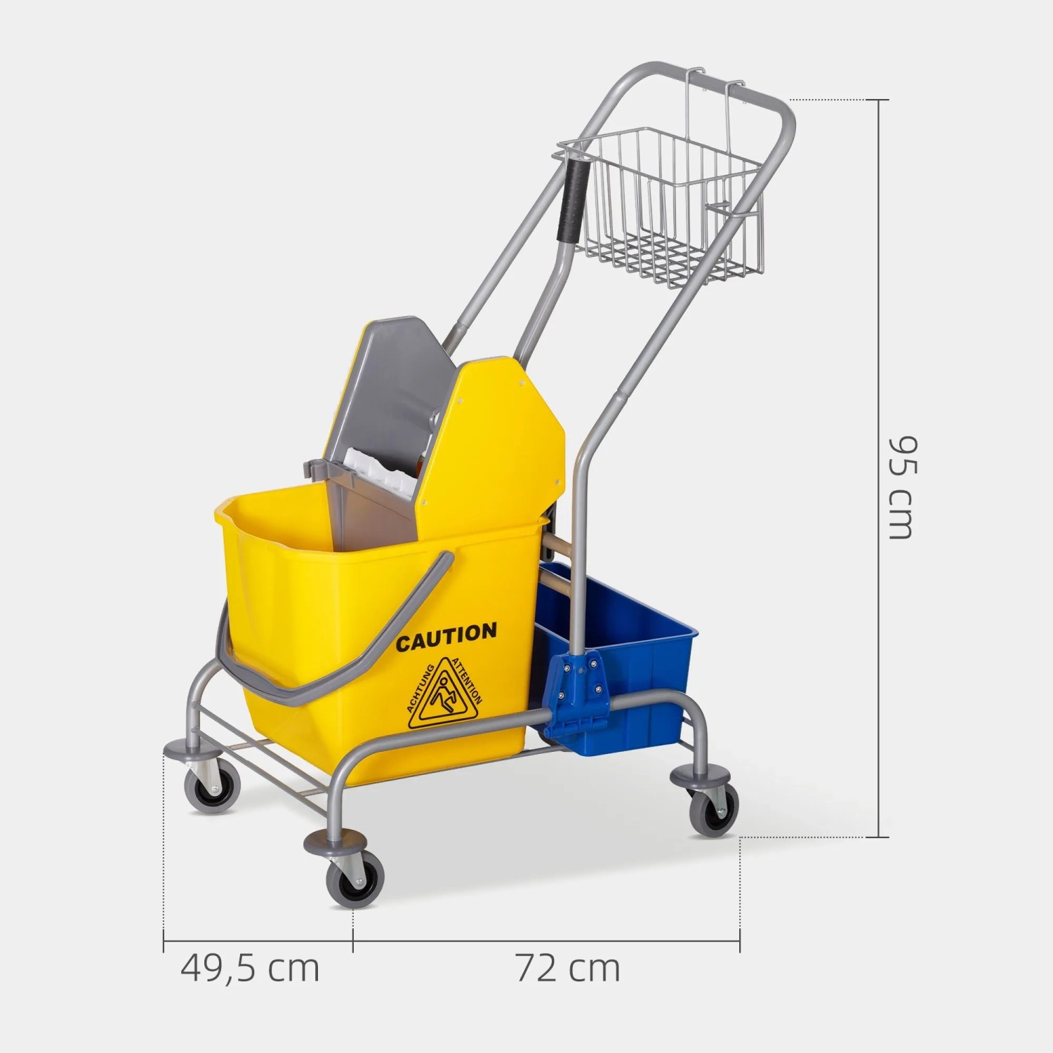 Gelber HOMCOM Reinigungswagen aus Kunststoff/Metall mit 25L Eimer, Presse, Korb und Rollen für Bodenreinigung.