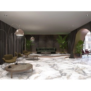Weiße Feinsteinzeug Bodenfliese Marble riva, glasiert & poliert, in Marmoroptik (60x120 cm) im modernen Wohnraum.