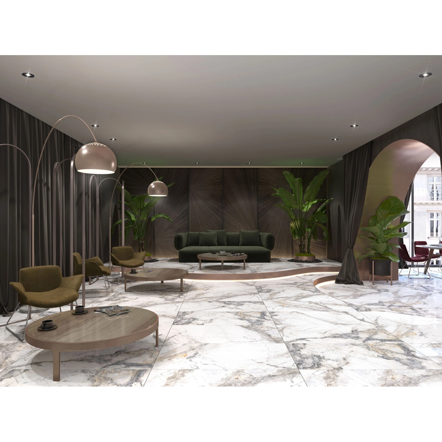 United Tile Marble Riva Gold Feinsteinzeug Bodenfliese in Weiß-Grau, Marmor-Optik, glasiert poliert, in modernem Wohnraum.