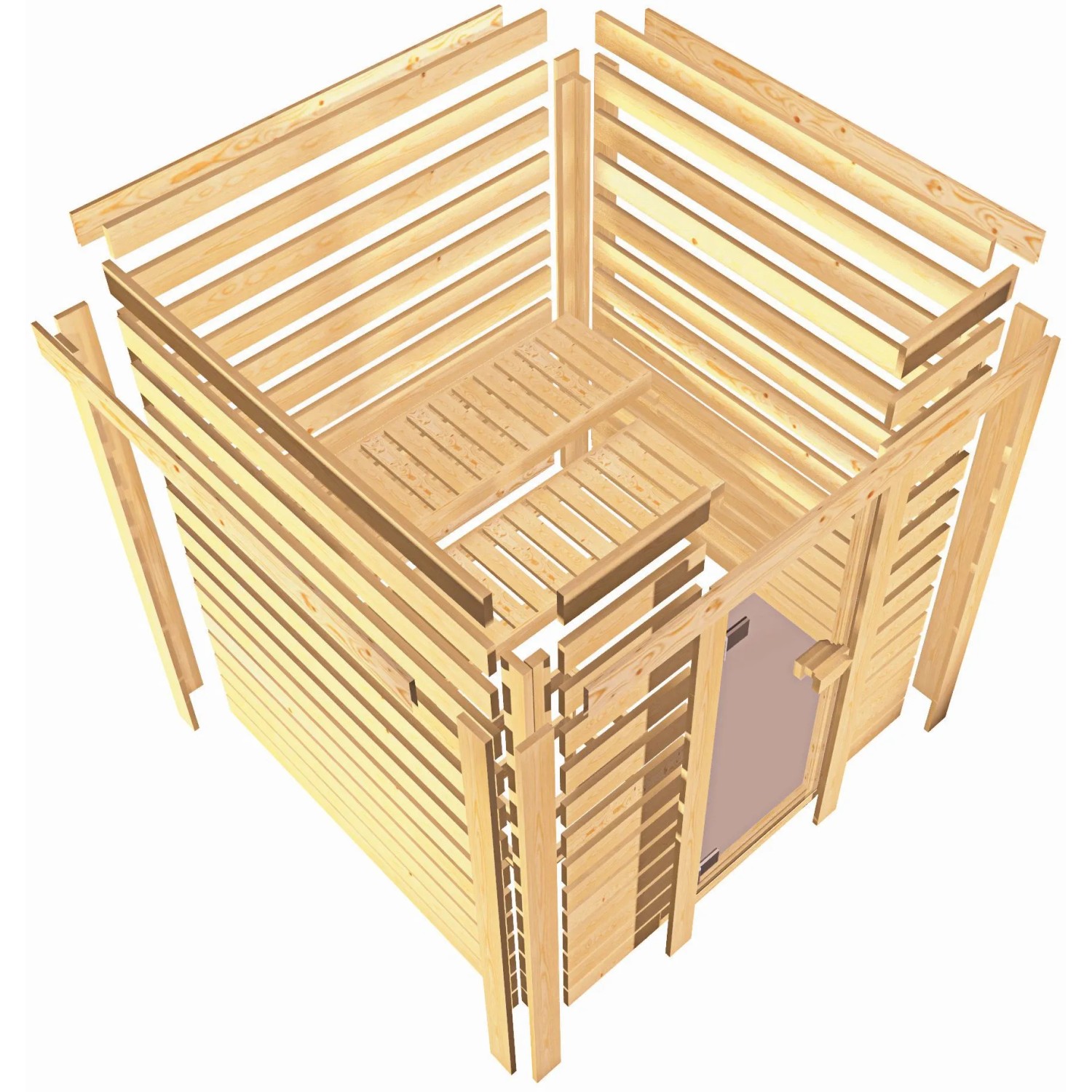 Karibu Sauna Leona im Aufbau: Massivholzsauna mit graphitfarbener Tür und LED-Dachkranz.
