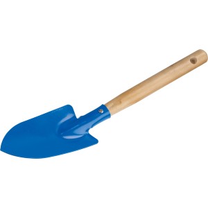 Blaue Hand-Blumenkelle mit Holzgriff für Gartenarbeiten.