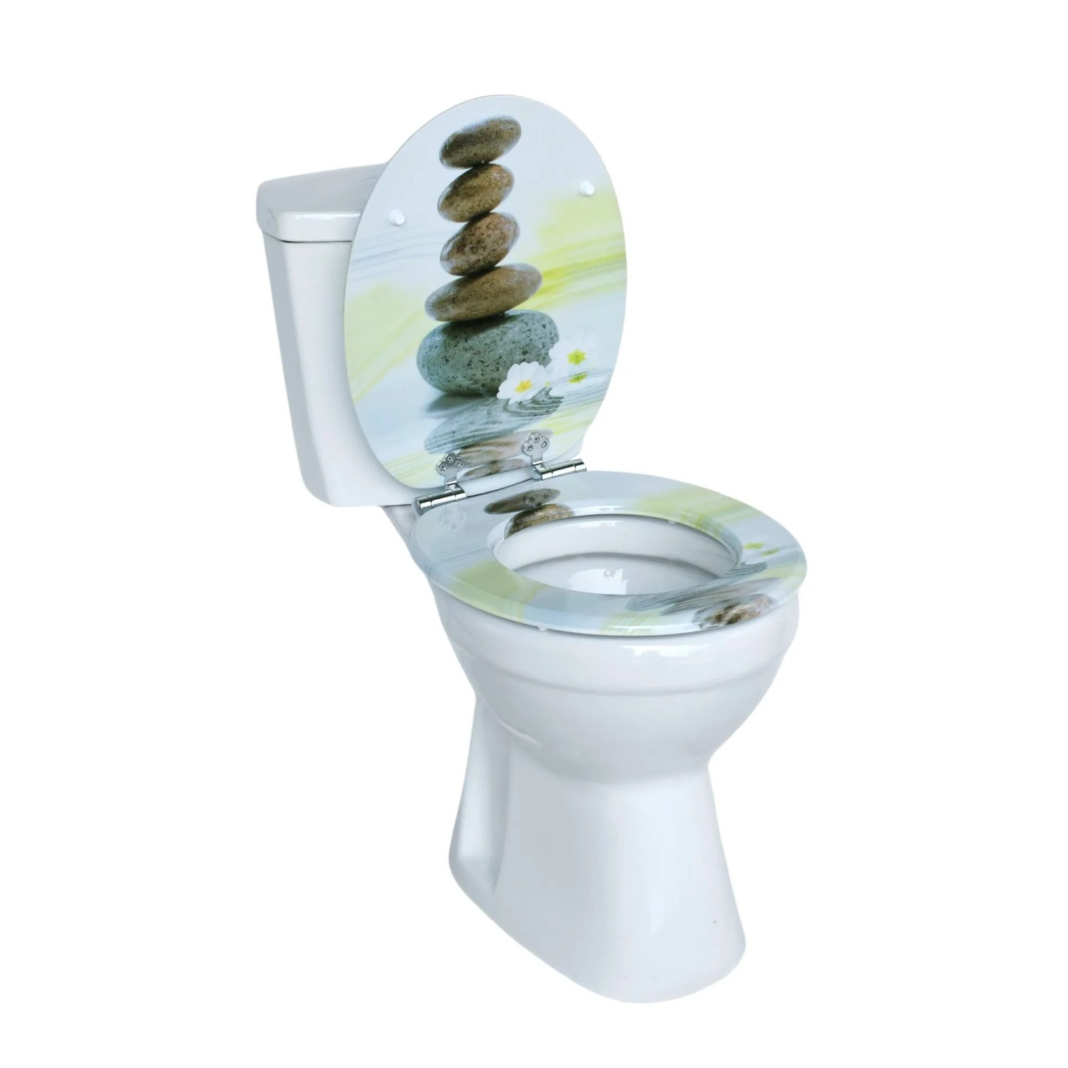 Sinobath WC-Sitz mit Absenk-Automatik, Steinstapel-Design. Offener weißer Toilettensitz mit Naturmotiv.