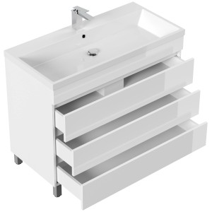 Posseik Fellini Badmöbel-Set, 100 cm, Weiß Hochglanz mit 3 Schubladen.