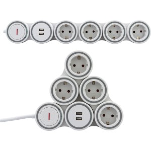 Flexible, weiße 4-fach Steckdosenleiste mit USB, Schalter und Überspannungsschutz.
